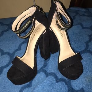 Black chunky heel with gold detailed bands